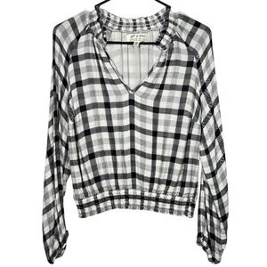 Anthropologie Cloth & Stone White/Grey Plaid V-Neck Smocked Cropped Blouse Sz XS